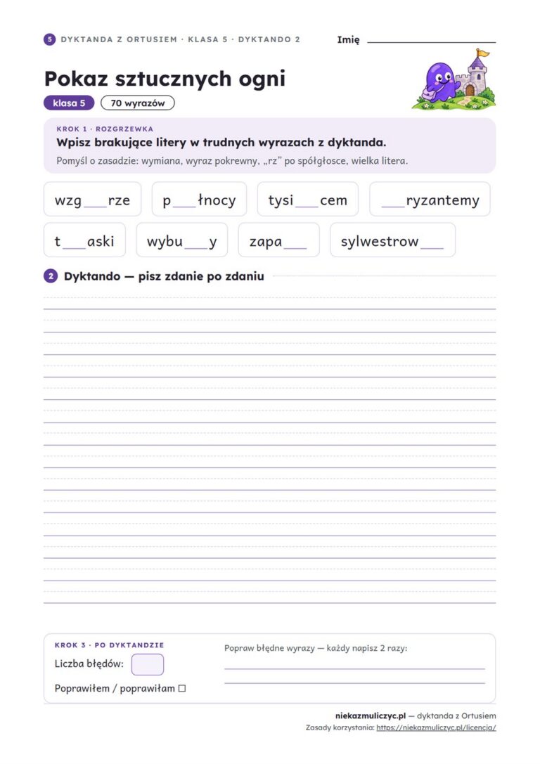 Dyktanda z Ortusiem, klasa 5 — 20 dyktand PDF z kluczem — przykładowa karta