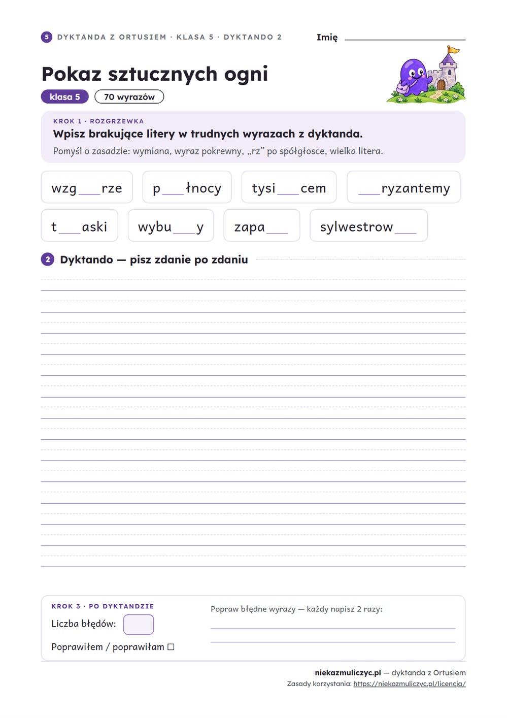 Dyktanda z Ortusiem, klasa 5 — 20 dyktand PDF z kluczem — przykładowa karta