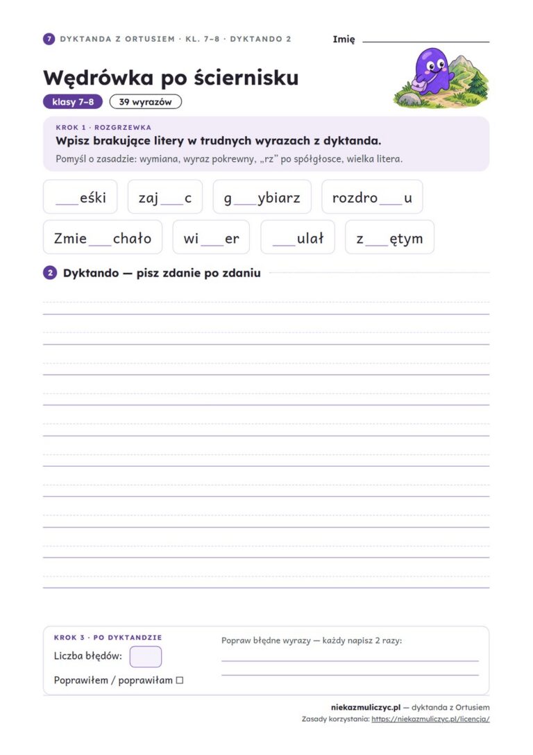 Dyktanda z Ortusiem, klasy 7–8 — 20 trudnych dyktand PDF z kluczem — przykładowa karta