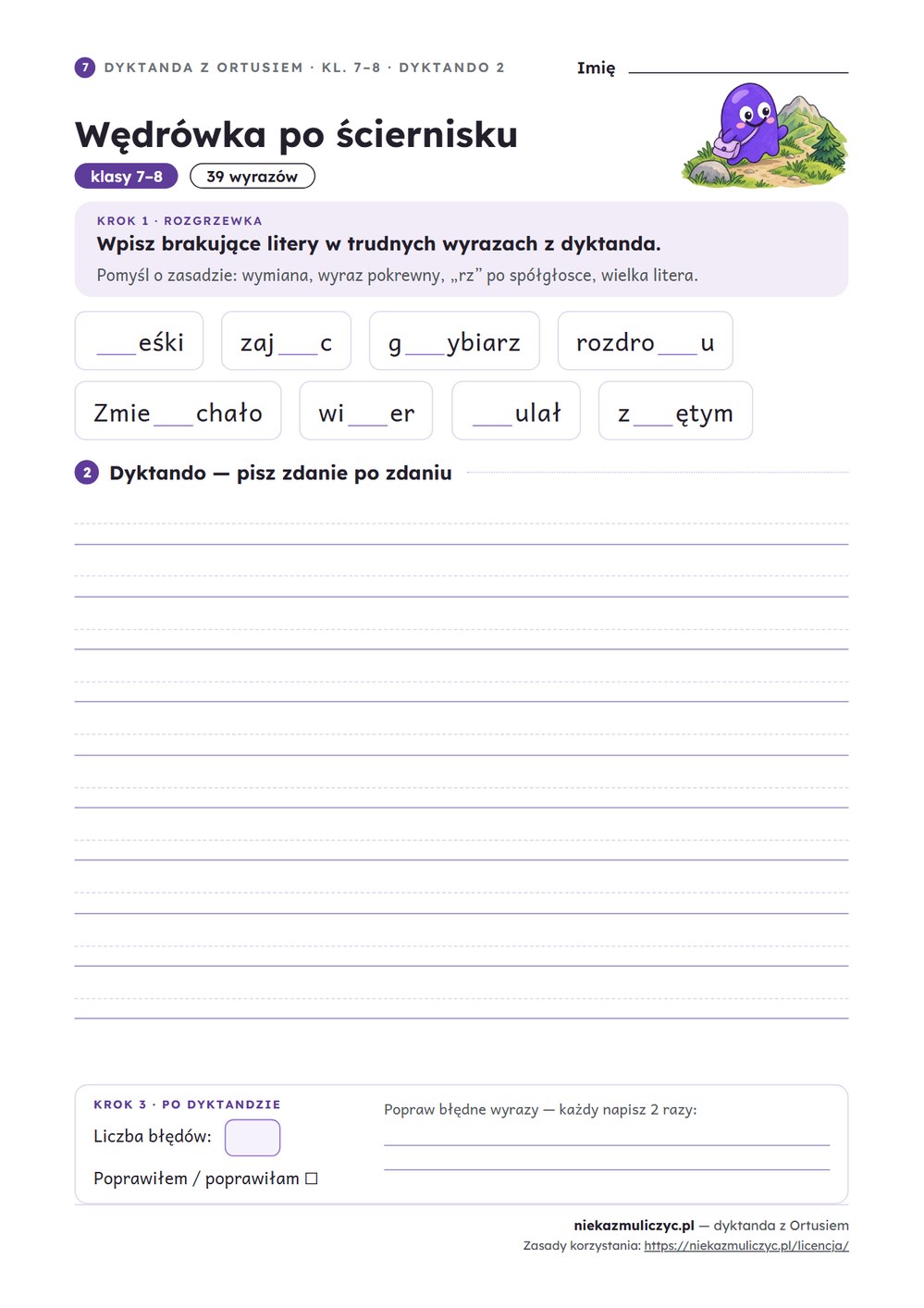 Dyktanda z Ortusiem, klasy 7–8 — 20 trudnych dyktand PDF z kluczem — przykładowa karta
