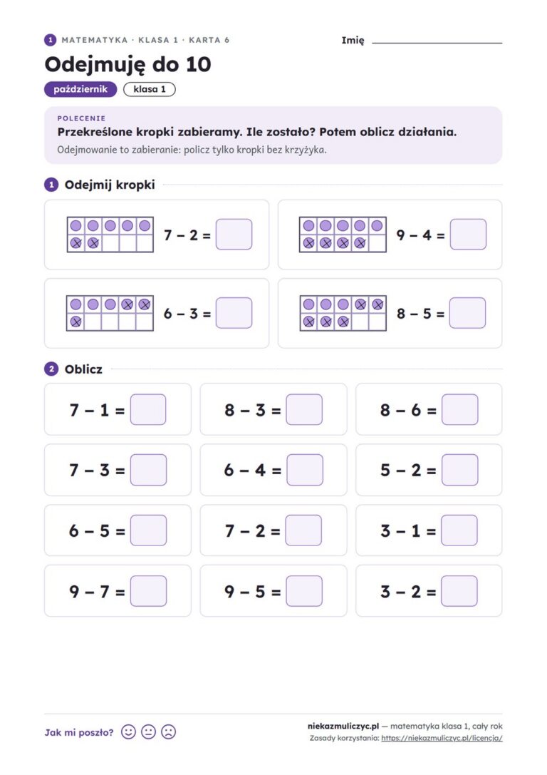 Matematyka klasa 1 — 30 kart pracy na cały rok PDF z kluczem — przykładowa karta