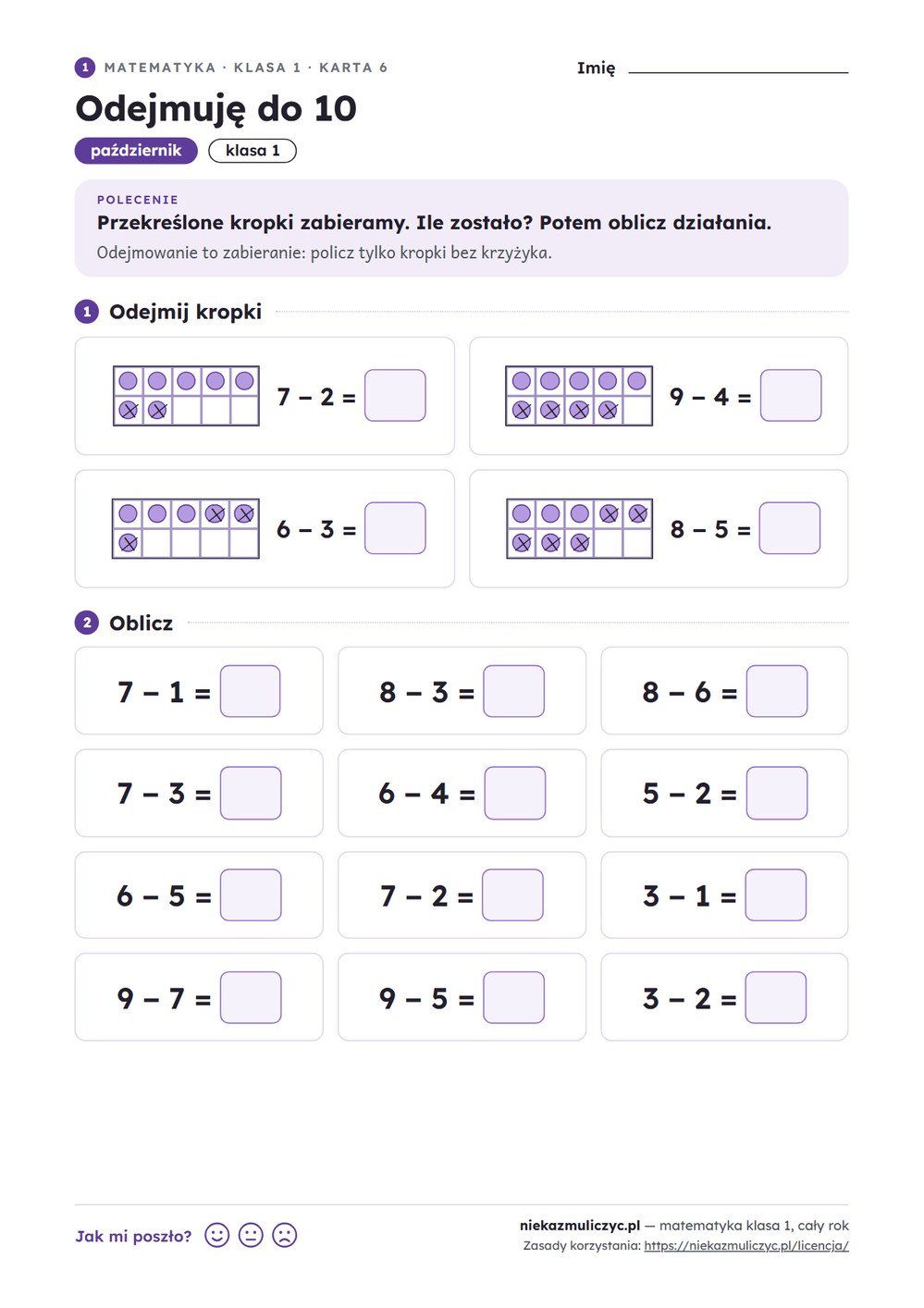 Matematyka klasa 1 — 30 kart pracy na cały rok PDF z kluczem — przykładowa karta