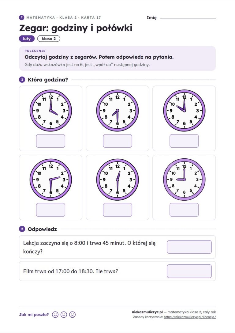 Matematyka klasa 2 — 30 kart pracy na cały rok PDF z kluczem — przykładowa karta