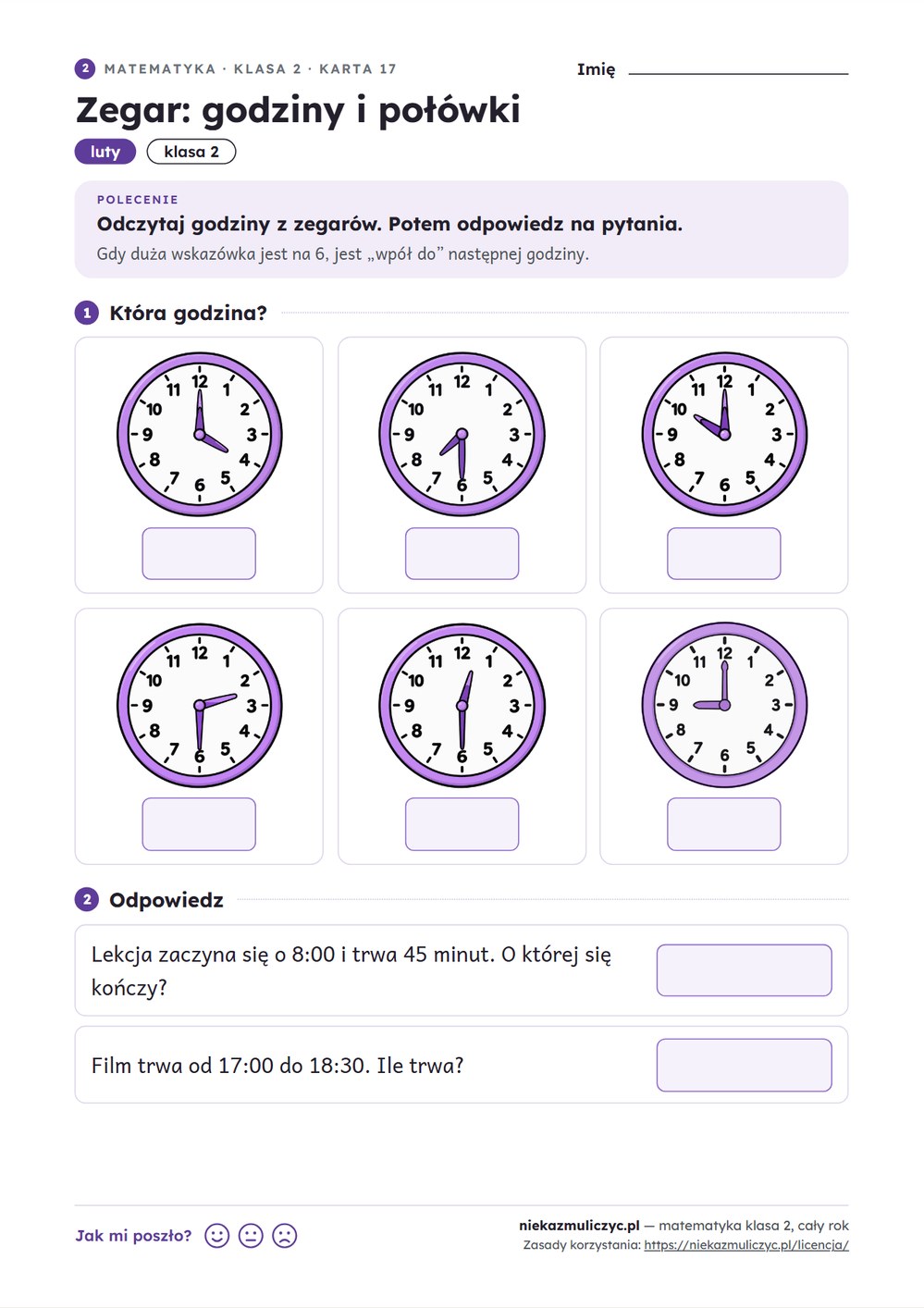 Matematyka klasa 2 — 30 kart pracy na cały rok PDF z kluczem — przykładowa karta