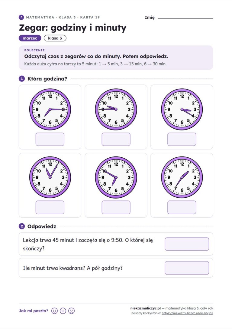 Matematyka klasa 3 — 30 kart pracy na cały rok PDF z kluczem — przykładowa karta