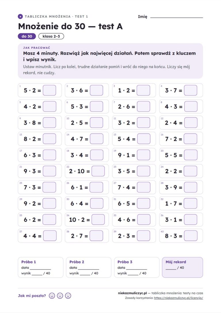 Tabliczka mnożenia — 17 testów na czas i 3 sprawdziany PDF z kluczem — przykładowa karta