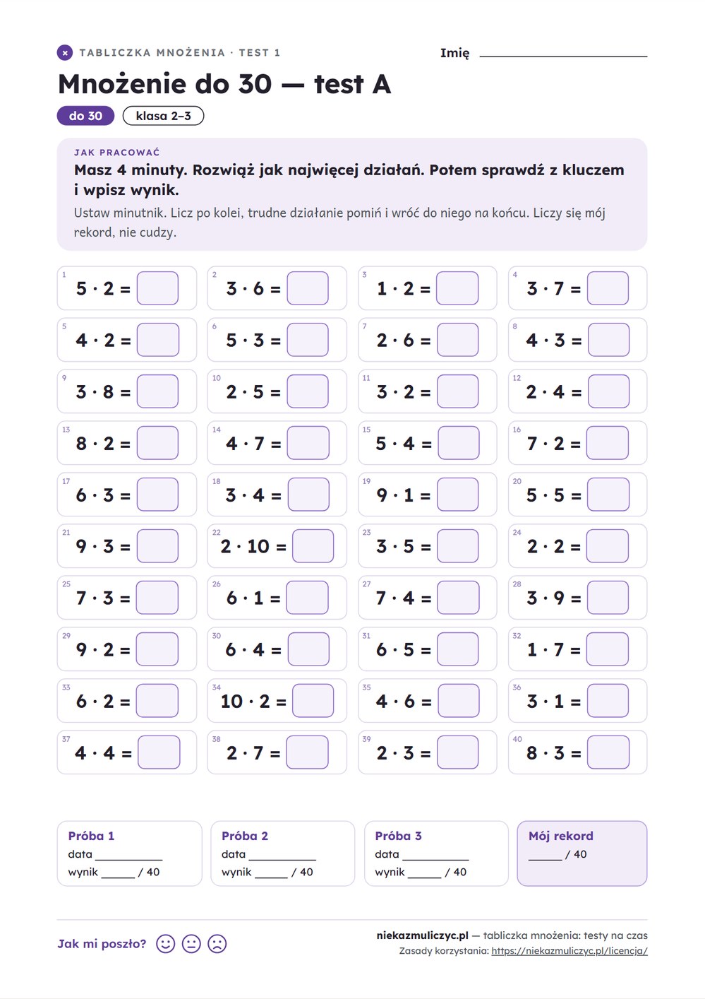 Tabliczka mnożenia — 17 testów na czas i 3 sprawdziany PDF z kluczem — przykładowa karta