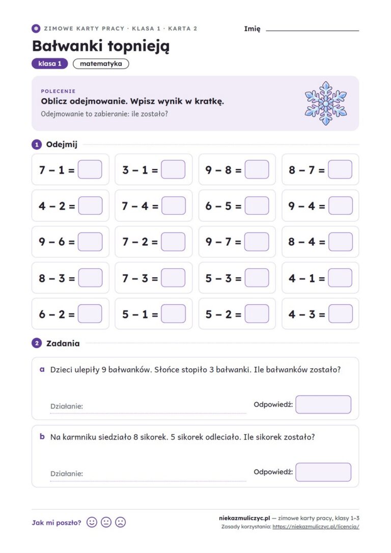 Zimowe karty pracy, klasy 1–3 — 20 kart PDF z kluczem — przykładowa karta