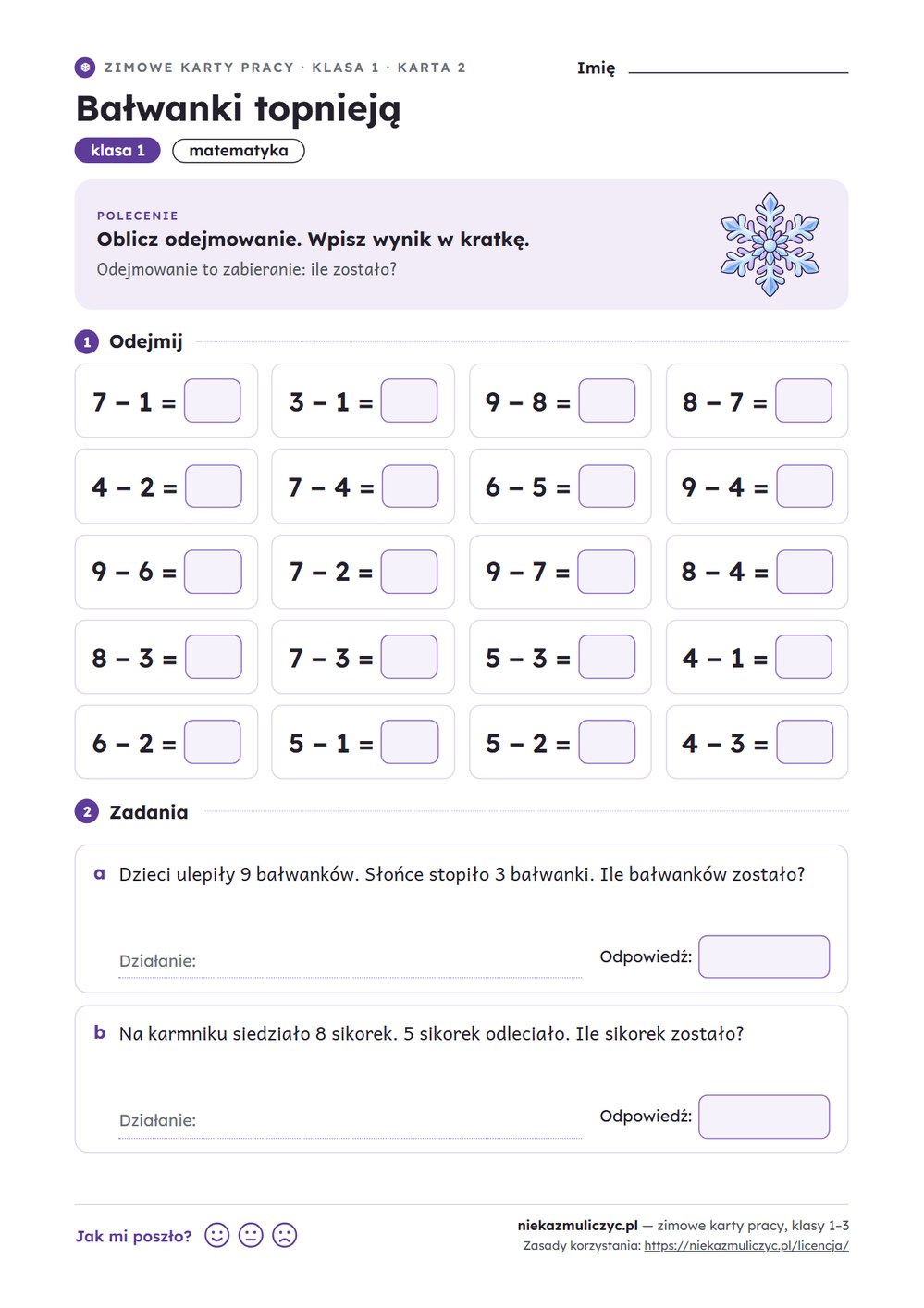 Zimowe karty pracy, klasy 1–3 — 20 kart PDF z kluczem — przykładowa karta