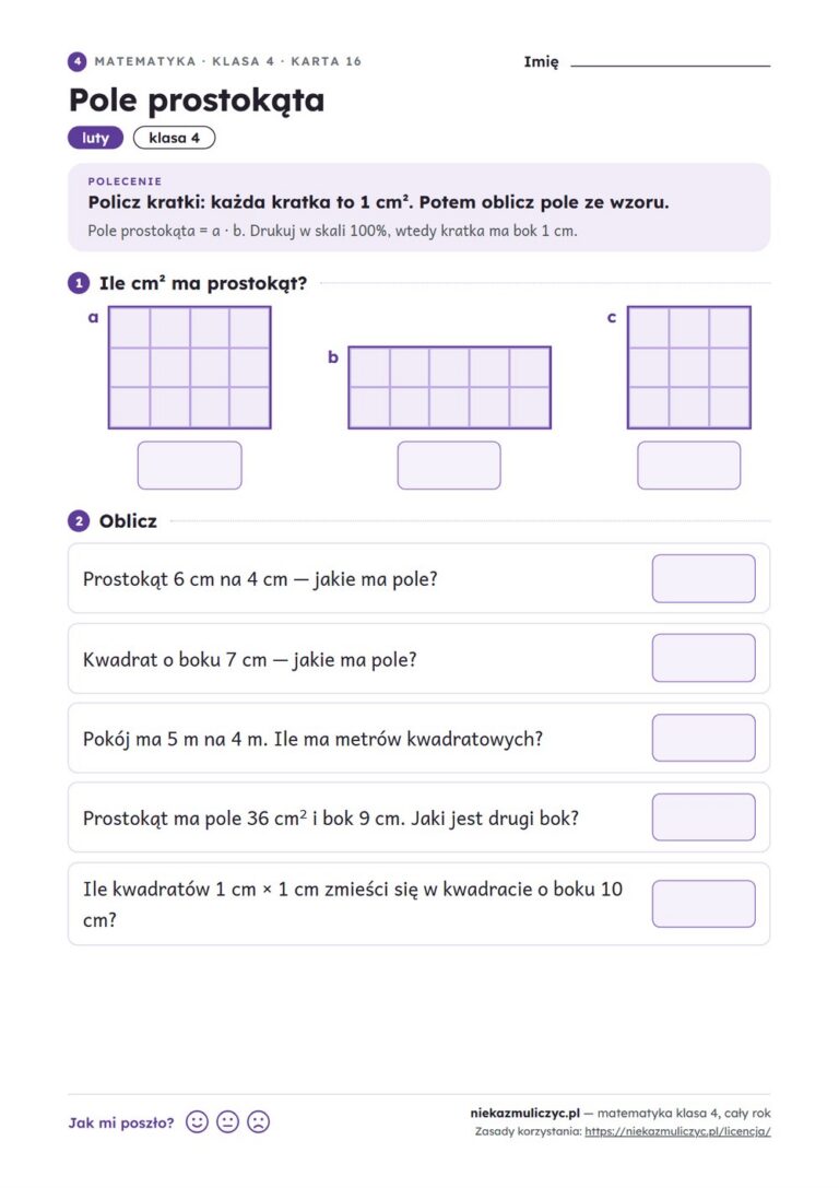 Matematyka klasa 4 — 30 kart pracy na cały rok PDF z kluczem — przykładowa karta