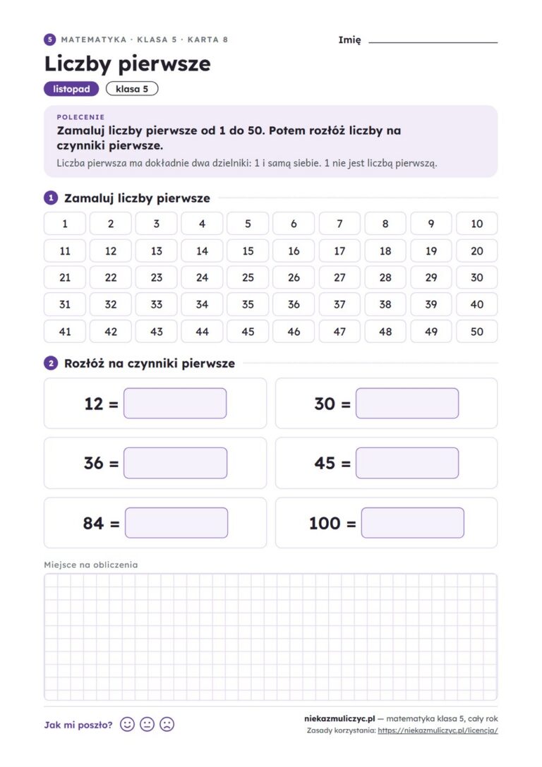 Matematyka klasa 5 — 30 kart pracy na cały rok PDF z kluczem — przykładowa karta