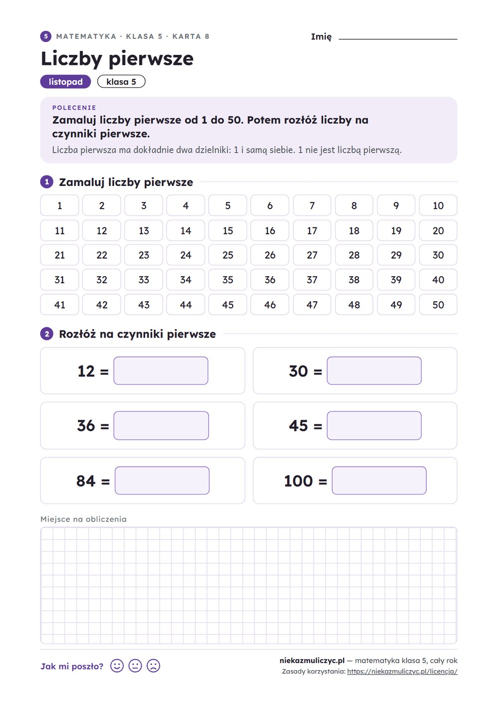 Matematyka klasa 5 — 30 kart pracy na cały rok PDF z kluczem — przykładowa karta