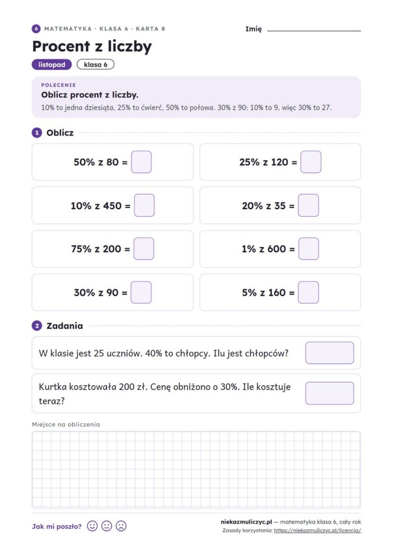 Matematyka klasa 6 — 30 kart pracy na cały rok PDF z kluczem — przykładowa karta
