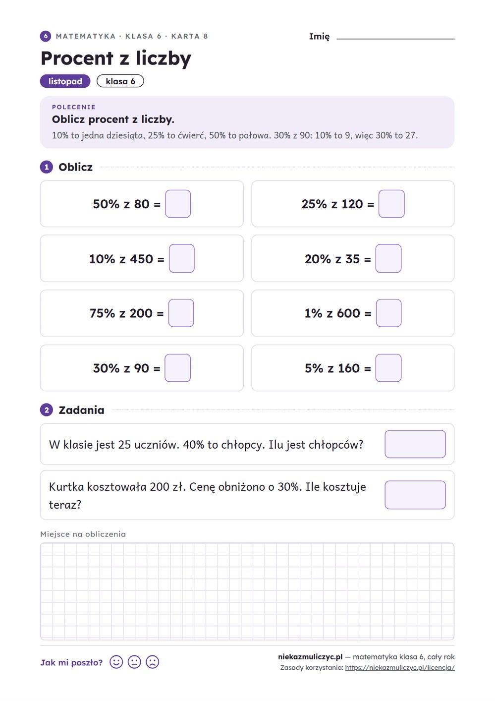 Matematyka klasa 6 — 30 kart pracy na cały rok PDF z kluczem — przykładowa karta