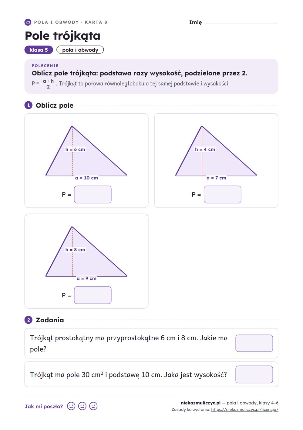 Pola i obwody figur, klasy 4–6 — 12 kart pracy PDF z kluczem — przykładowa karta