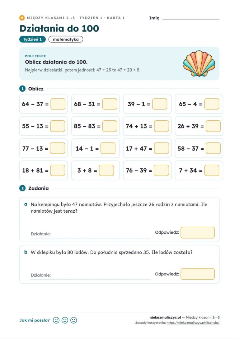 Między klasami 2→3 — wakacyjne powtórki: 16 kart PDF z kluczem — przykładowa karta