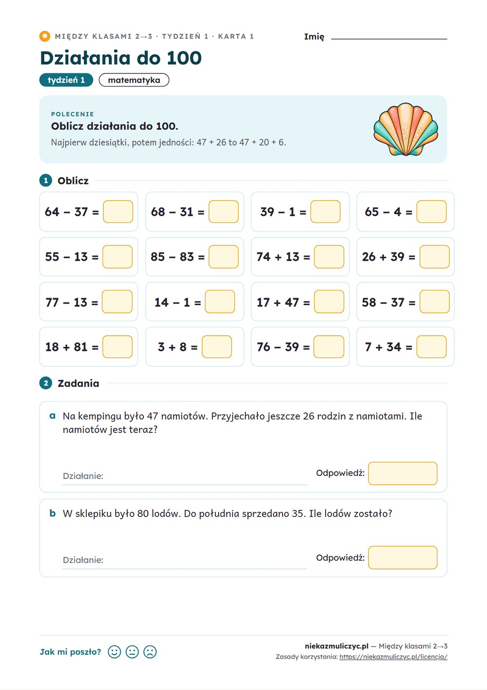 Między klasami 2→3 — wakacyjne powtórki: 16 kart PDF z kluczem — przykładowa karta