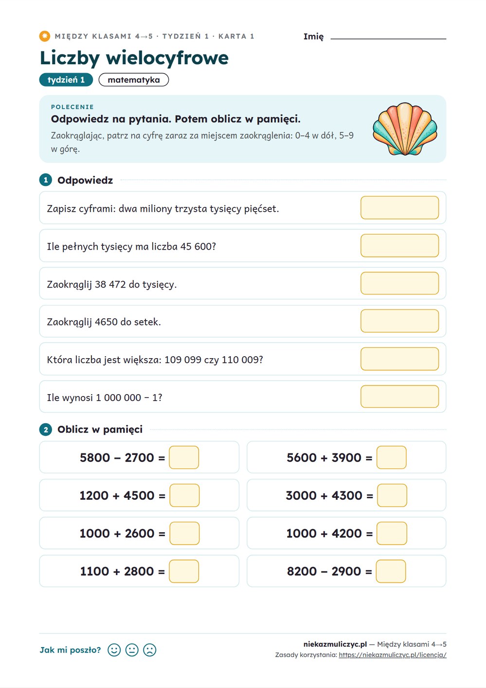 Między klasami 4→5 — wakacyjne powtórki: 16 kart PDF z kluczem — przykładowa karta