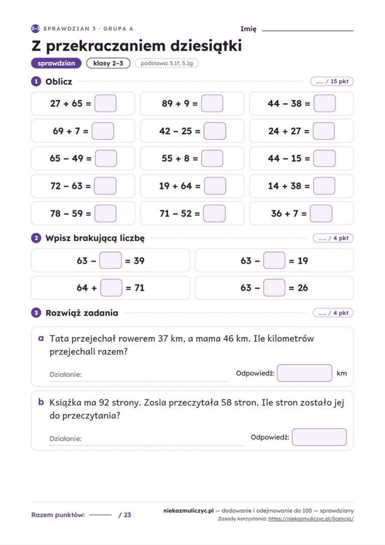 Dodawanie i odejmowanie do 100 — 6 sprawdzianów (grupy A i B) PDF z kluczem — przykładowa karta