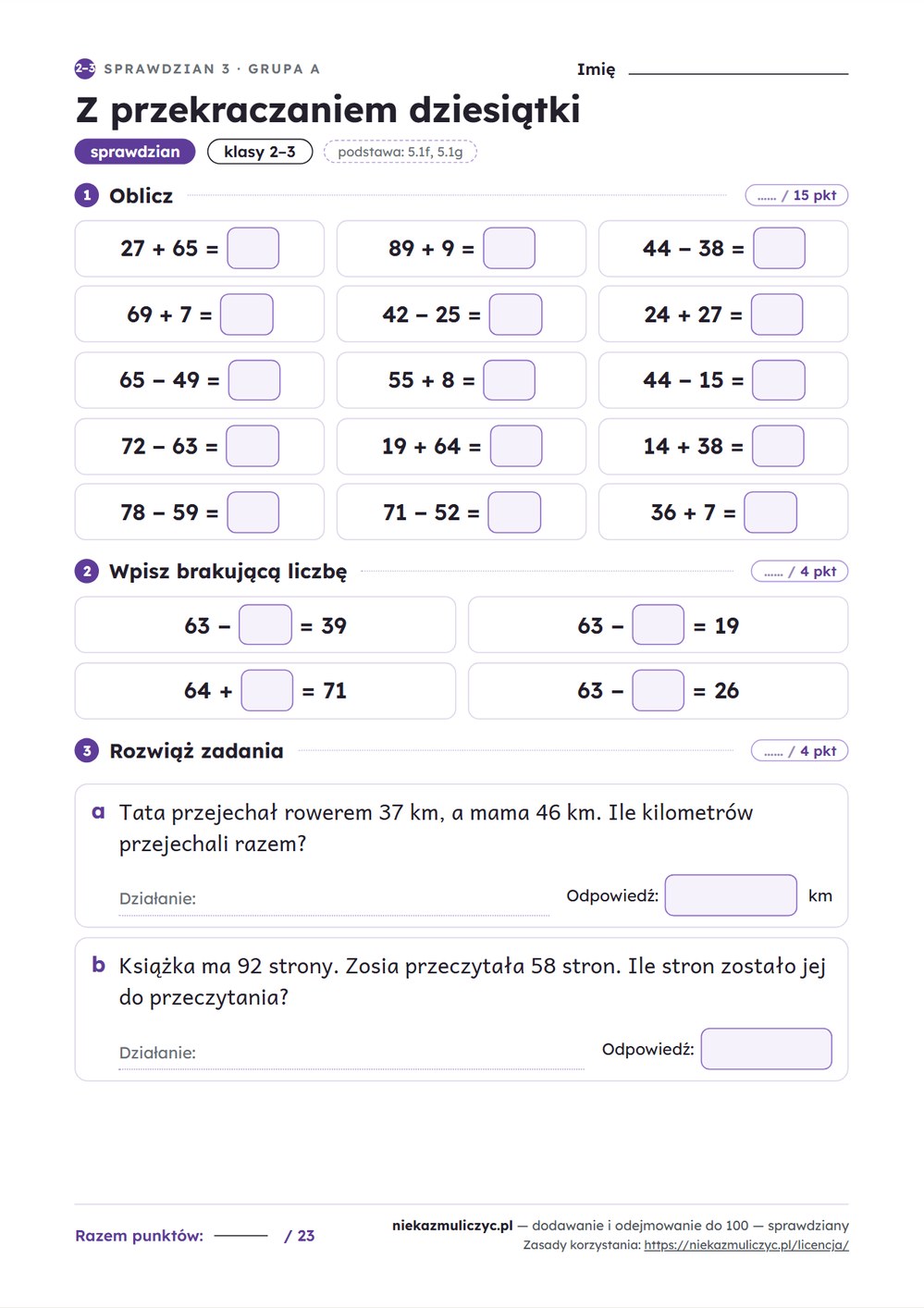 Dodawanie i odejmowanie do 100 — 6 sprawdzianów (grupy A i B) PDF z kluczem — przykładowa karta