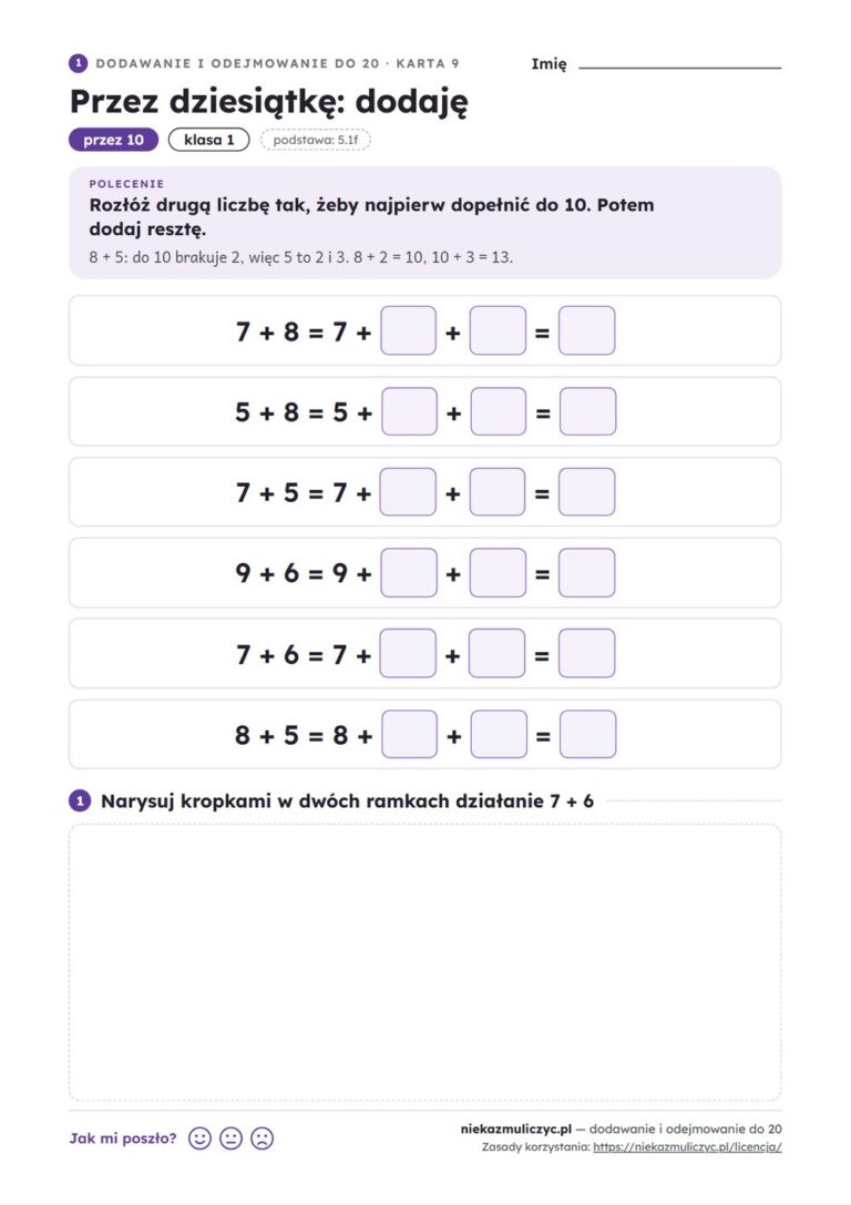 Dodawanie i odejmowanie do 20 krok po kroku, klasa 1 — 16 kart PDF z kluczem — przykładowa karta