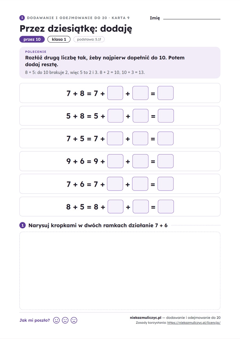 Dodawanie i odejmowanie do 20 krok po kroku, klasa 1 — 16 kart PDF z kluczem — przykładowa karta