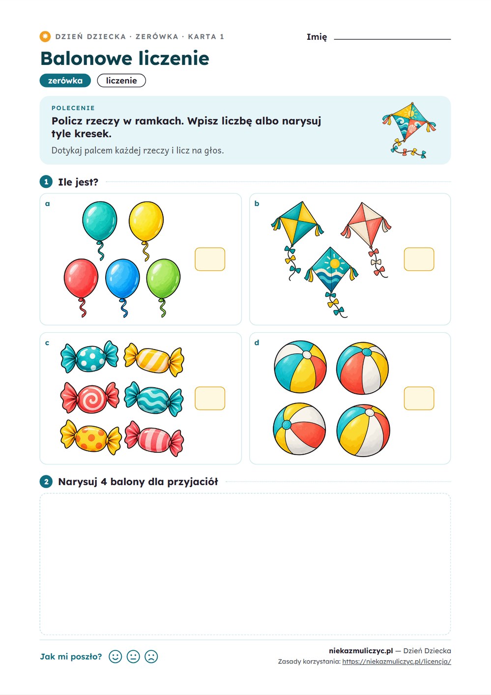 Dzień Dziecka — 13 kart pracy PDF z kluczem (zerówka i klasy 1–3) — przykładowa karta