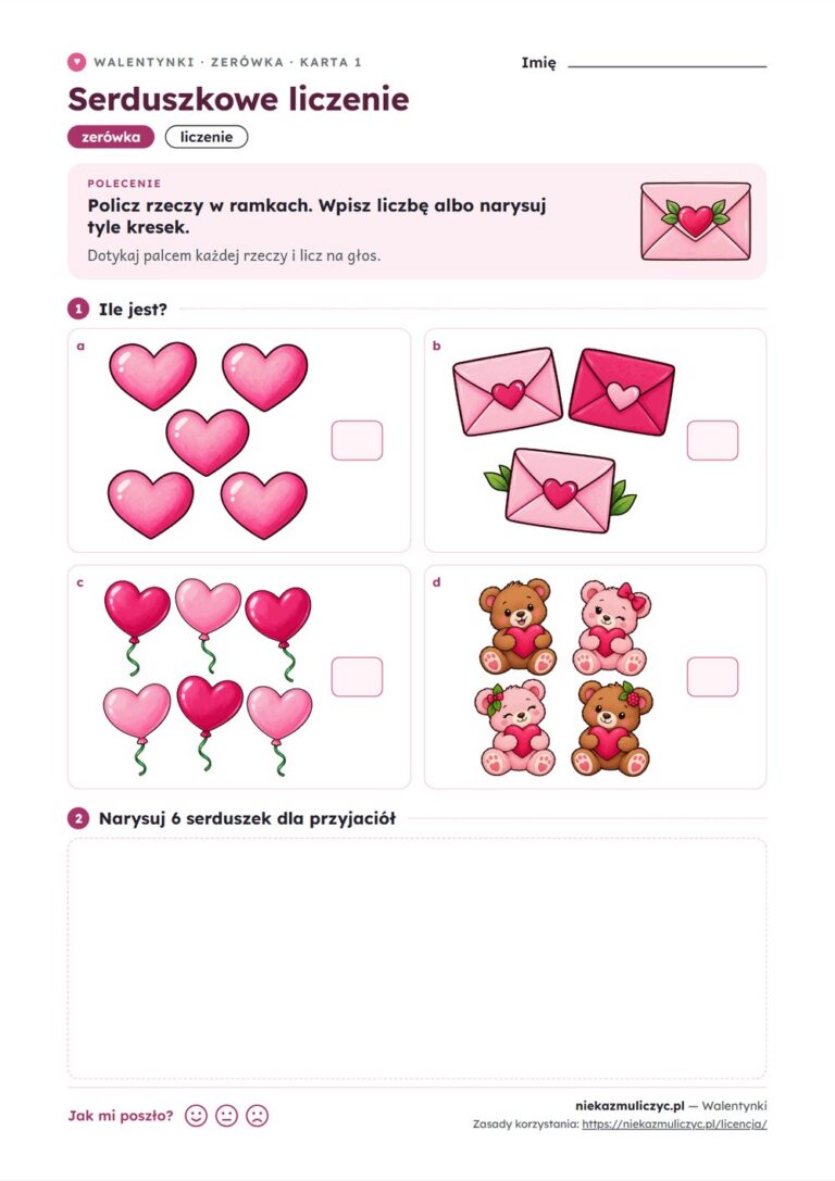 Walentynki — dzień przyjaźni: 13 kart pracy PDF z kluczem (zerówka i klasy 1–3) — przykładowa karta
