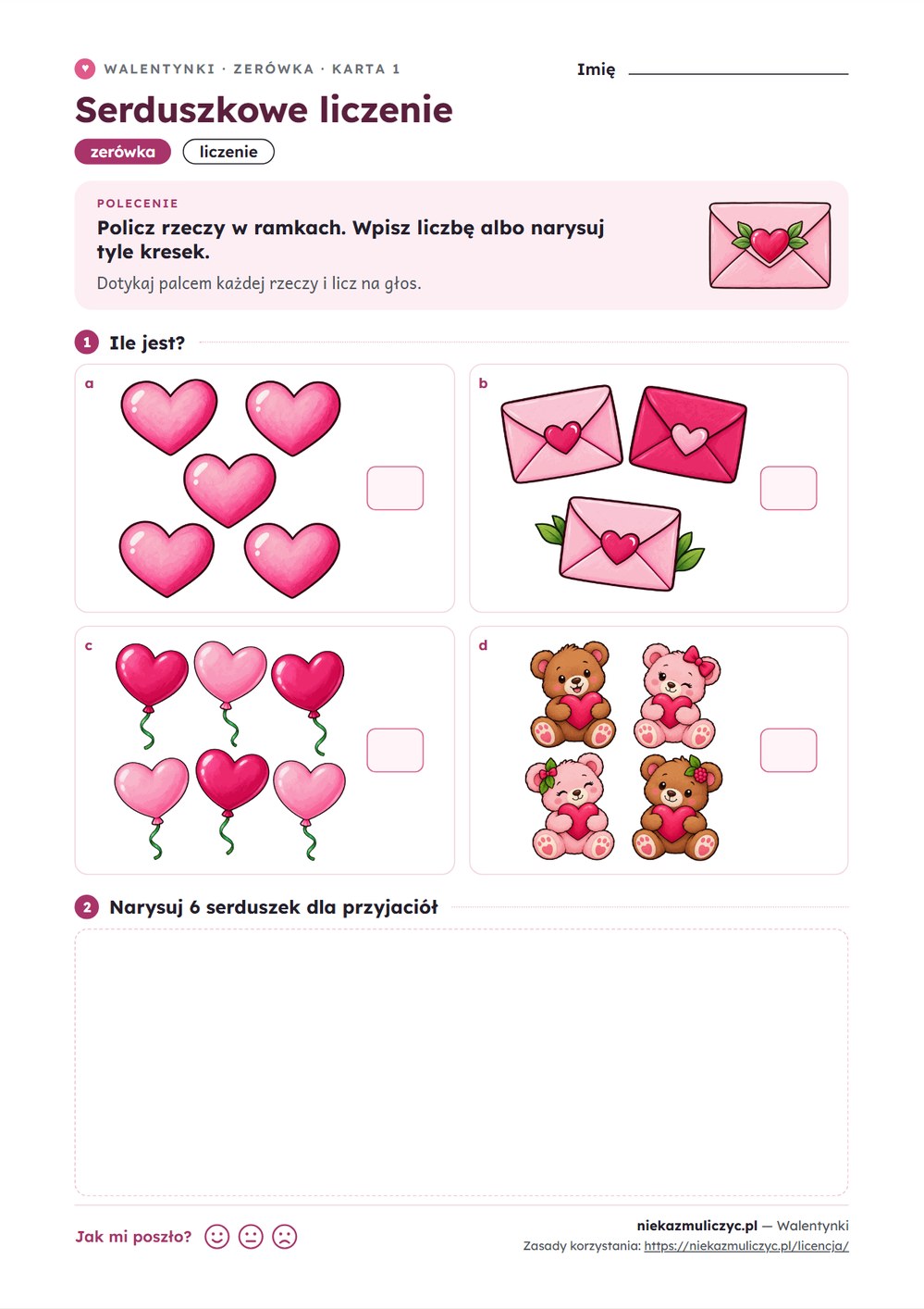 Walentynki — dzień przyjaźni: 13 kart pracy PDF z kluczem (zerówka i klasy 1–3) — przykładowa karta