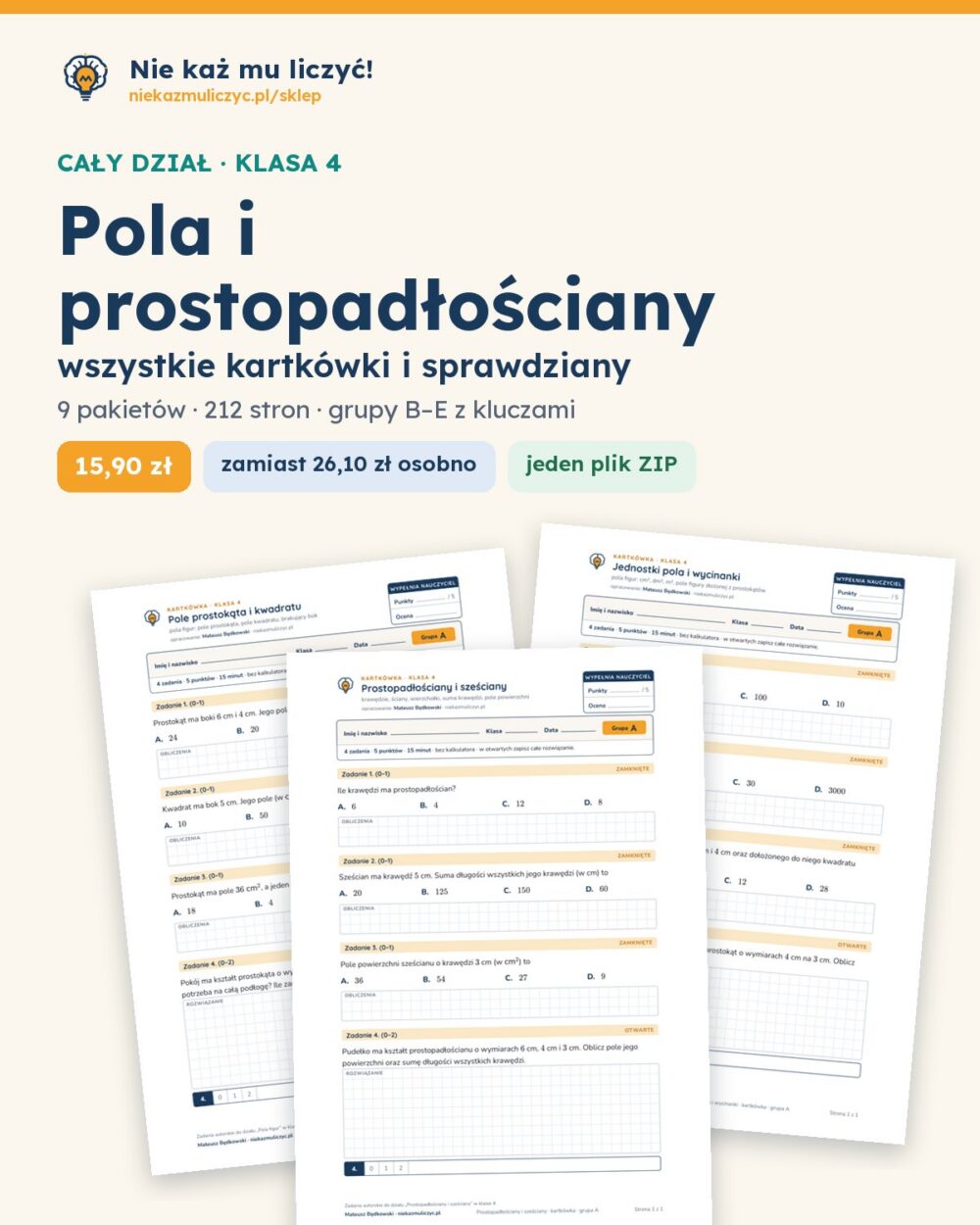 Pola i prostopadłościany — cały dział, klasa 4 (9 pakietów) — okładka pakietu