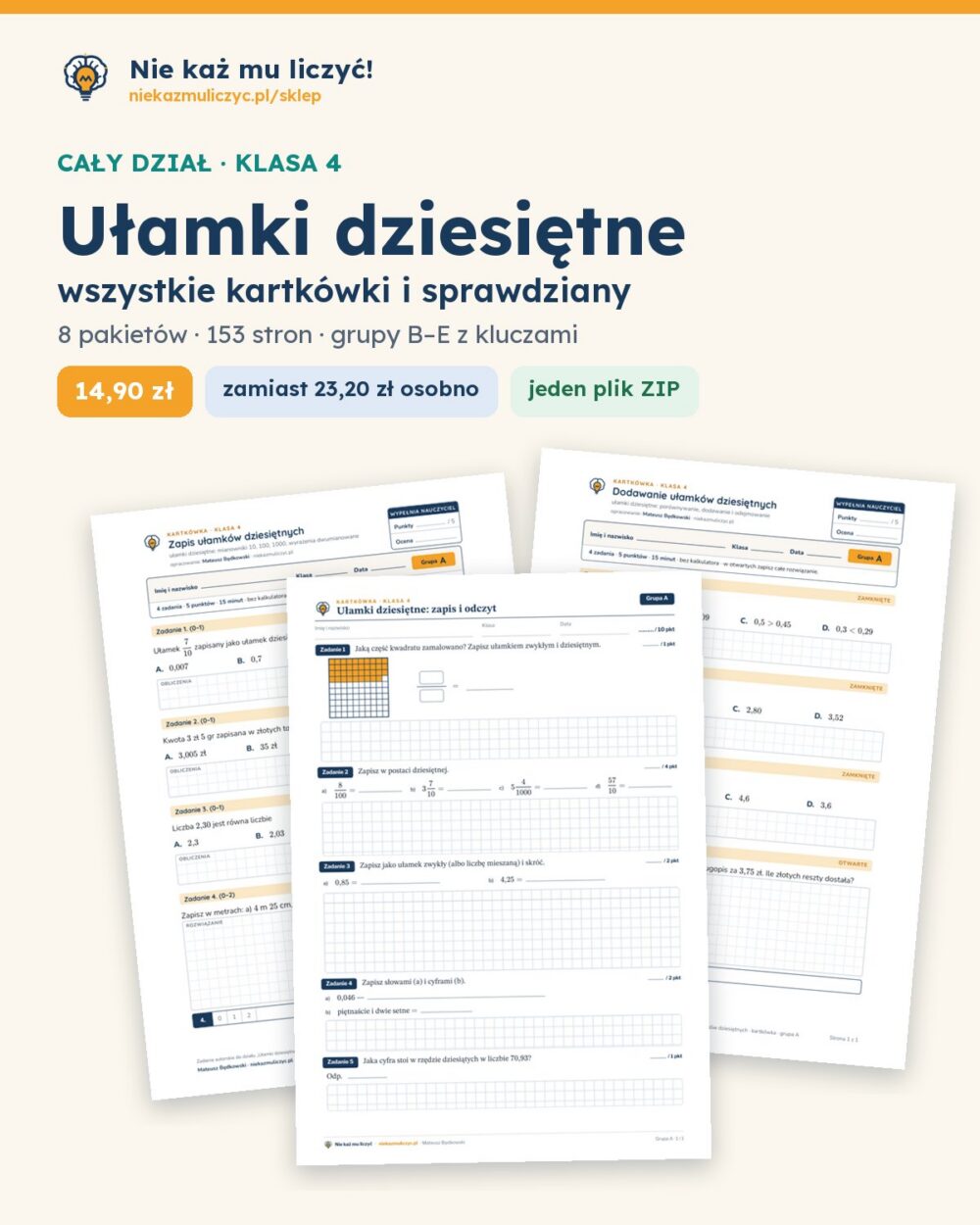Ułamki dziesiętne — cały dział, klasa 4 (8 pakietów) — okładka pakietu