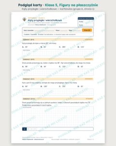 Figury na płaszczyźnie — cały dział, klasa 5 (13 pakietów) — podgląd karty „Kąty przyległe i wierzchołkowe — kartkówka”