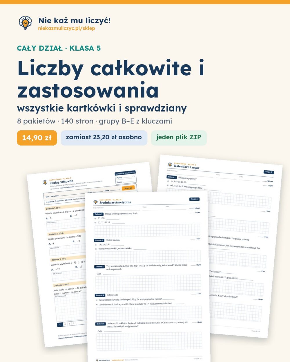 Liczby całkowite i zastosowania — cały dział, klasa 5 (8 pakietów) — okładka pakietu