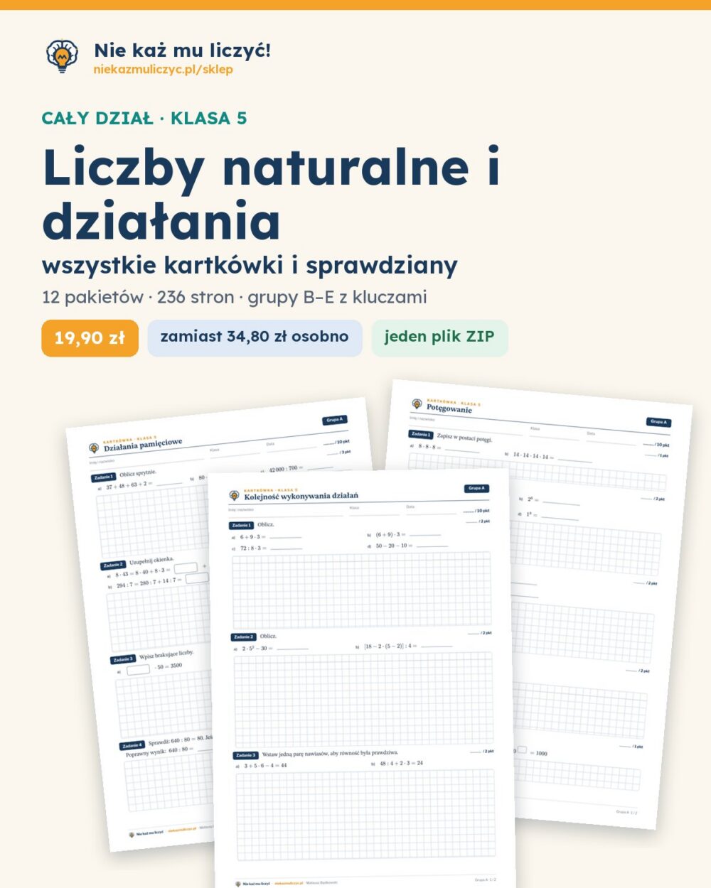 Liczby naturalne i działania — cały dział, klasa 5 (12 pakietów) — okładka pakietu