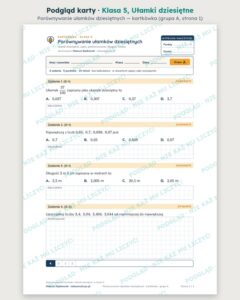 Ułamki dziesiętne — cały dział, klasa 5 (14 pakietów) — podgląd karty „Porównywanie ułamków dziesiętnych — kartkówka”