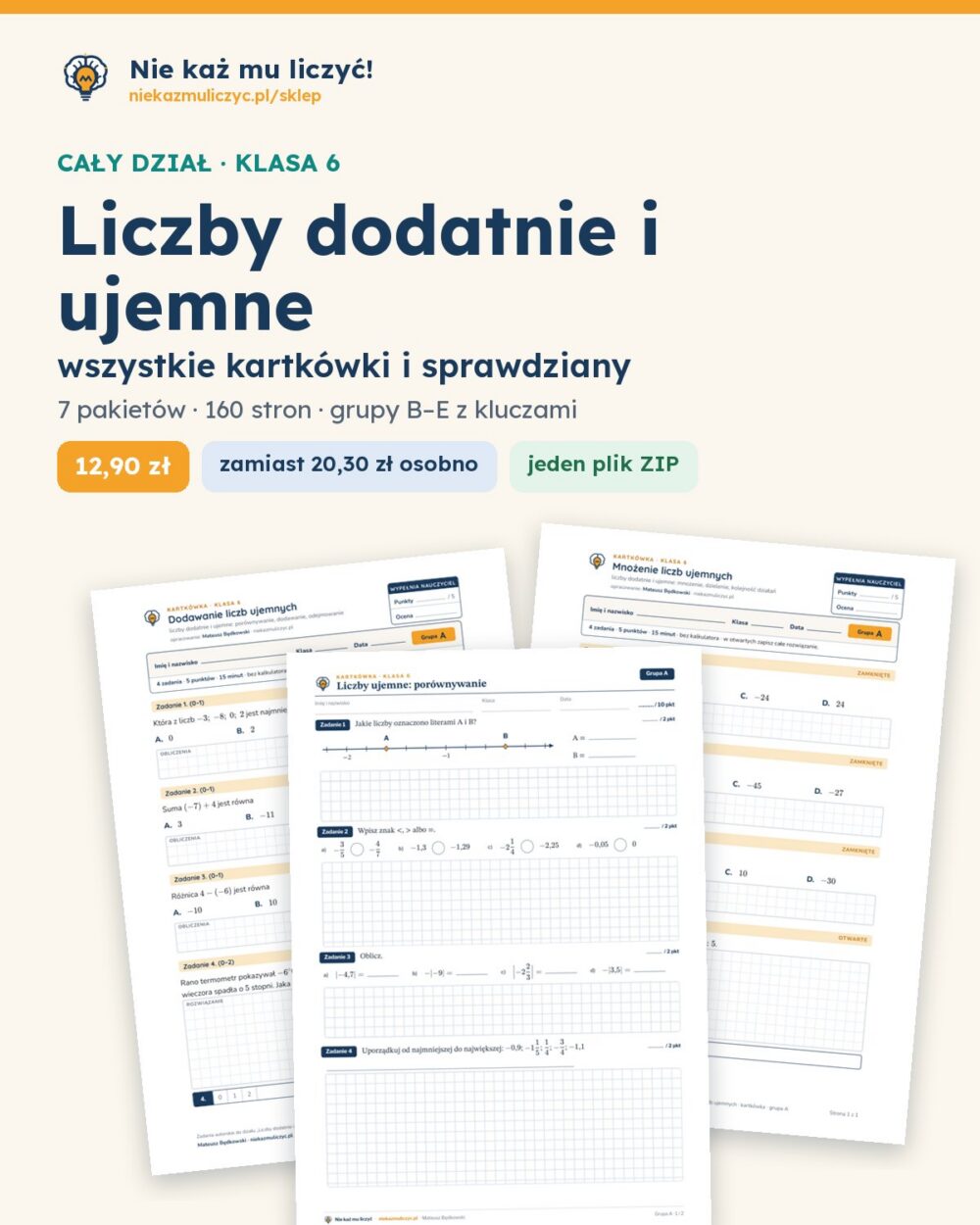 Liczby dodatnie i ujemne — cały dział, klasa 6 (7 pakietów) — okładka pakietu