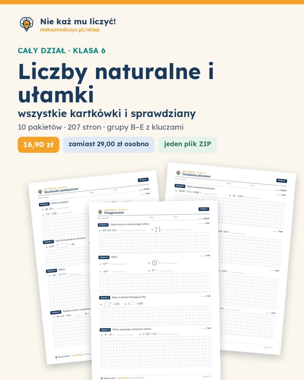 Liczby naturalne i ułamki — cały dział, klasa 6 (10 pakietów) — okładka pakietu