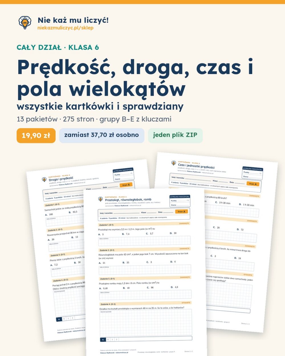 Prędkość, droga, czas i pola wielokątów — cały dział, klasa 6 (13 pakietów) — okładka pakietu