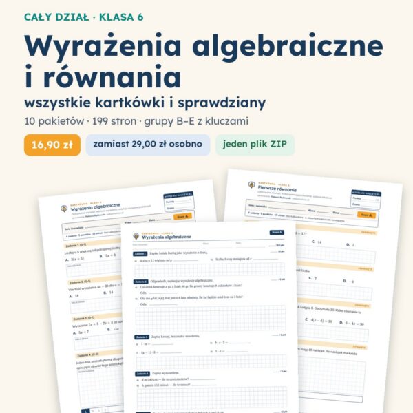 Wyrażenia algebraiczne i równania — cały dział, klasa 6 (10 pakietów)