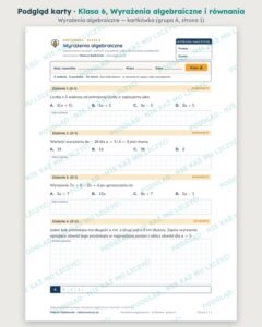 Wyrażenia algebraiczne i równania — cały dział, klasa 6 (10 pakietów) — podgląd karty „Wyrażenia algebraiczne — kartkówka”
