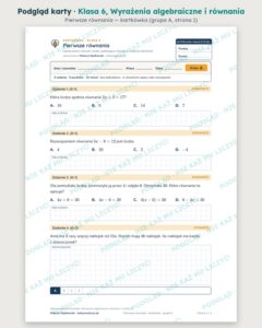 Wyrażenia algebraiczne i równania — cały dział, klasa 6 (10 pakietów) — podgląd karty „Pierwsze równania — kartkówka”
