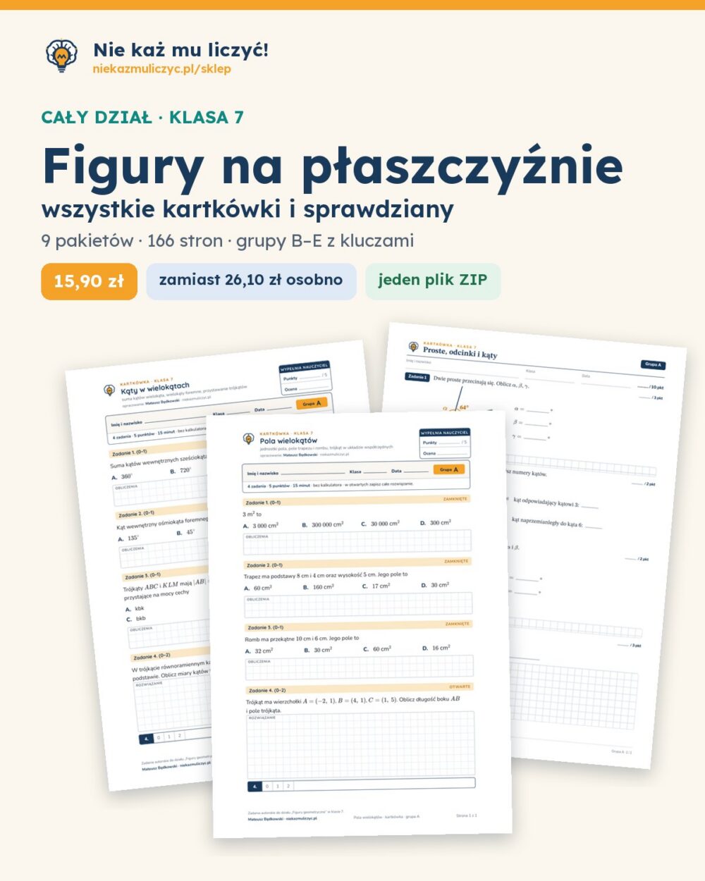 Figury na płaszczyźnie — cały dział, klasa 7 (9 pakietów) — okładka pakietu