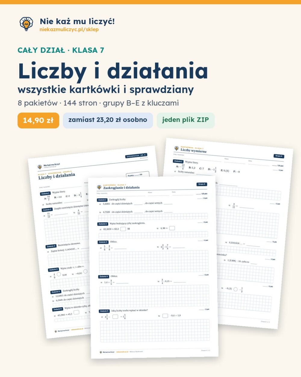 Liczby i działania — cały dział, klasa 7 (8 pakietów) — okładka pakietu