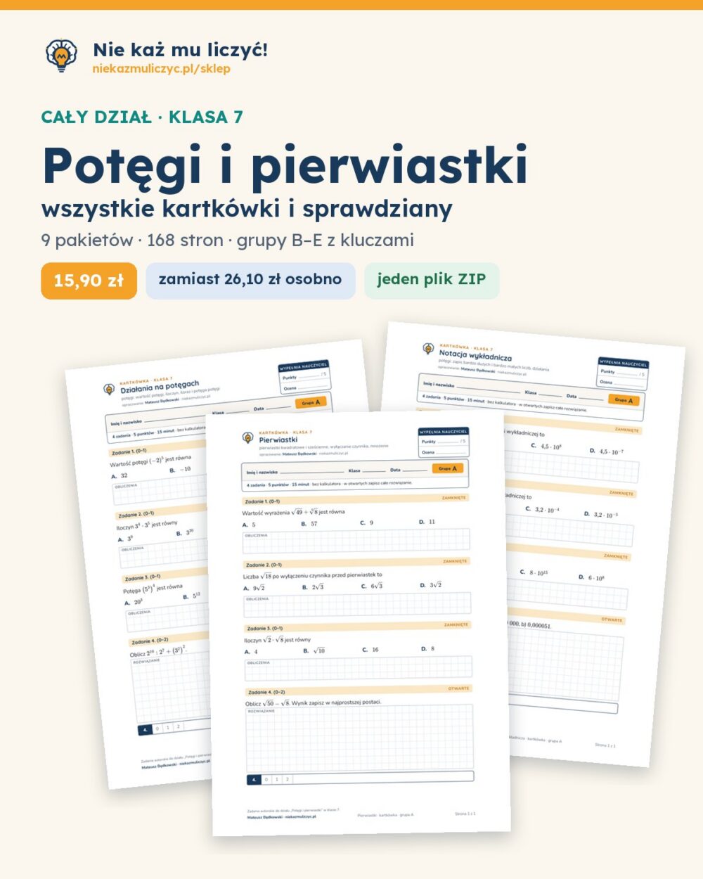 Potęgi i pierwiastki — cały dział, klasa 7 (9 pakietów) — okładka pakietu