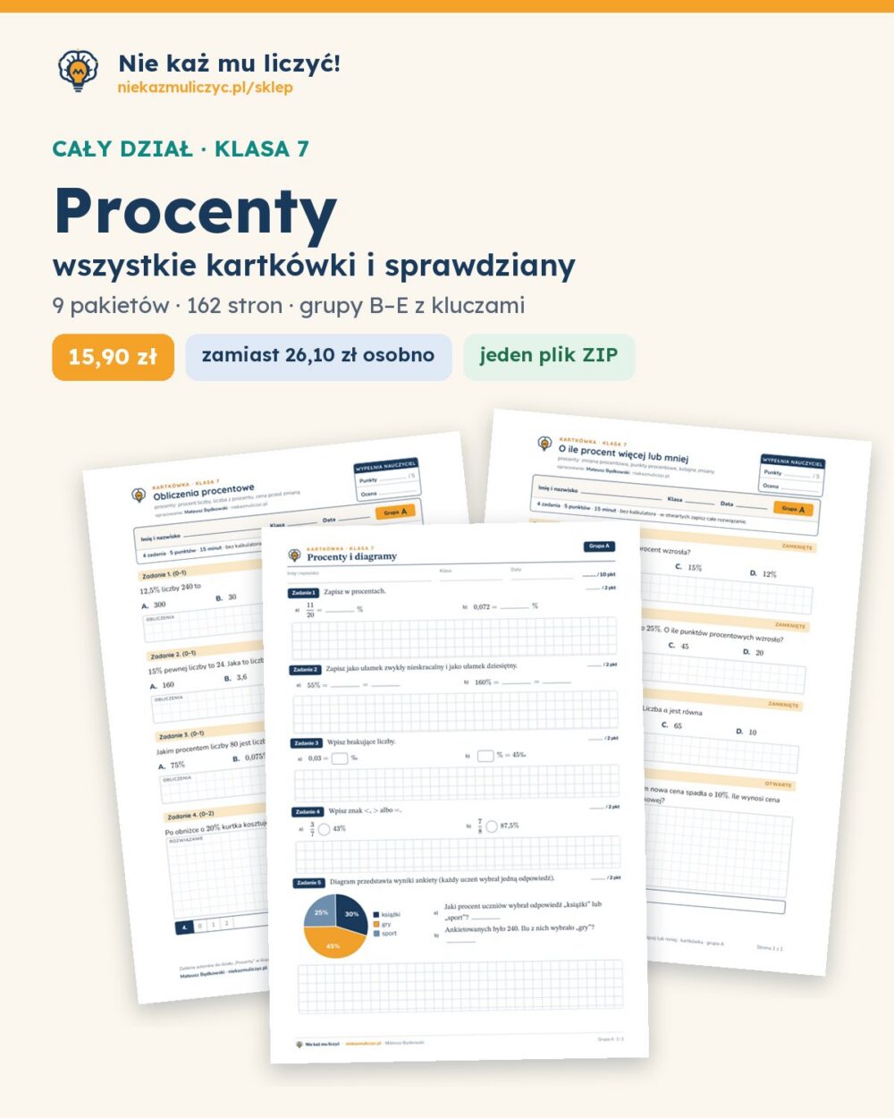 Procenty — cały dział, klasa 7 (9 pakietów) — okładka pakietu