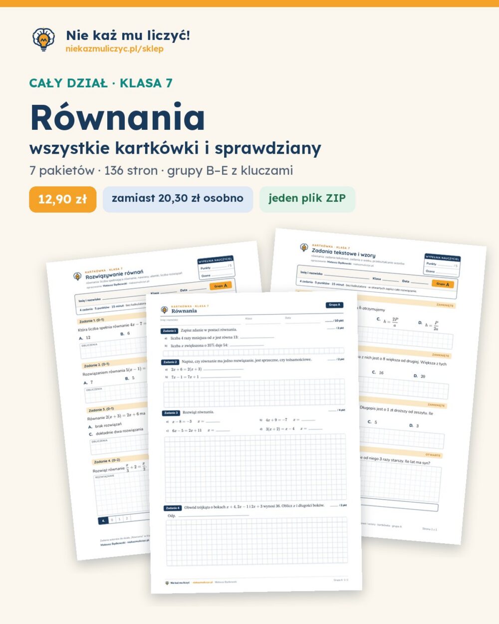 Równania — cały dział, klasa 7 (7 pakietów) — okładka pakietu