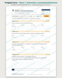 Statystyka i prawdopodobieństwo — cały dział, klasa 7 (5 pakietów) — podgląd karty „Średnia i prawdopodobieństwo — kartkówka”