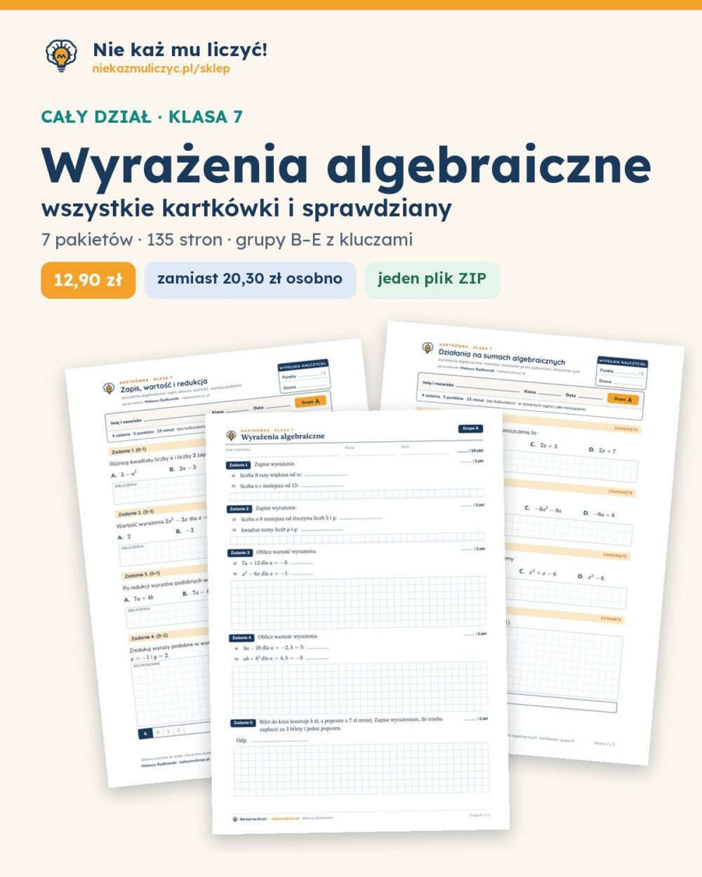 Wyrażenia algebraiczne — cały dział, klasa 7 (7 pakietów) — okładka pakietu