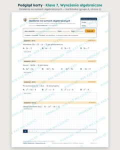 Wyrażenia algebraiczne — cały dział, klasa 7 (7 pakietów) — podgląd karty „Działania na sumach algebraicznych — kartkówka”