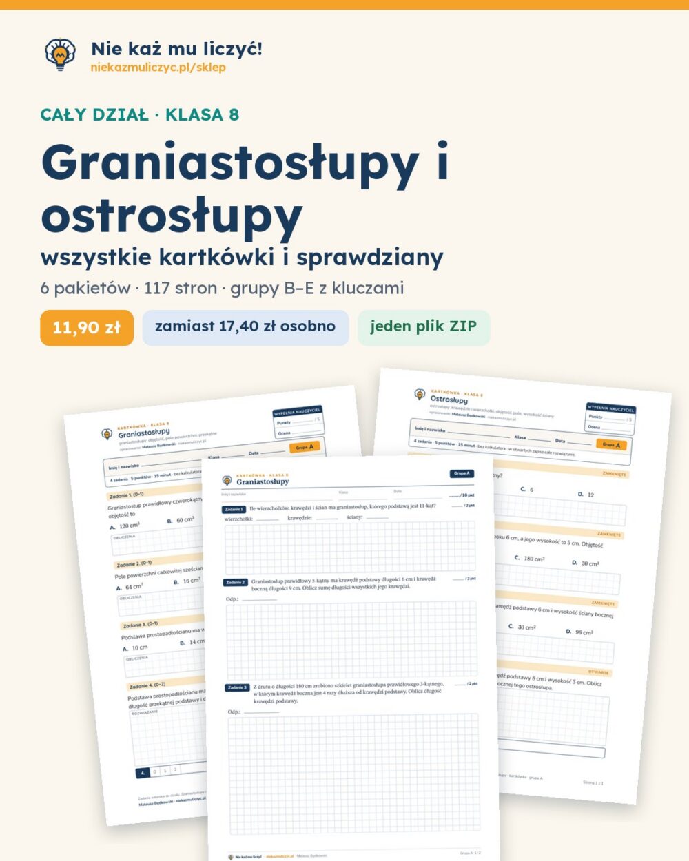 Graniastosłupy i ostrosłupy — cały dział, klasa 8 (6 pakietów) — okładka pakietu